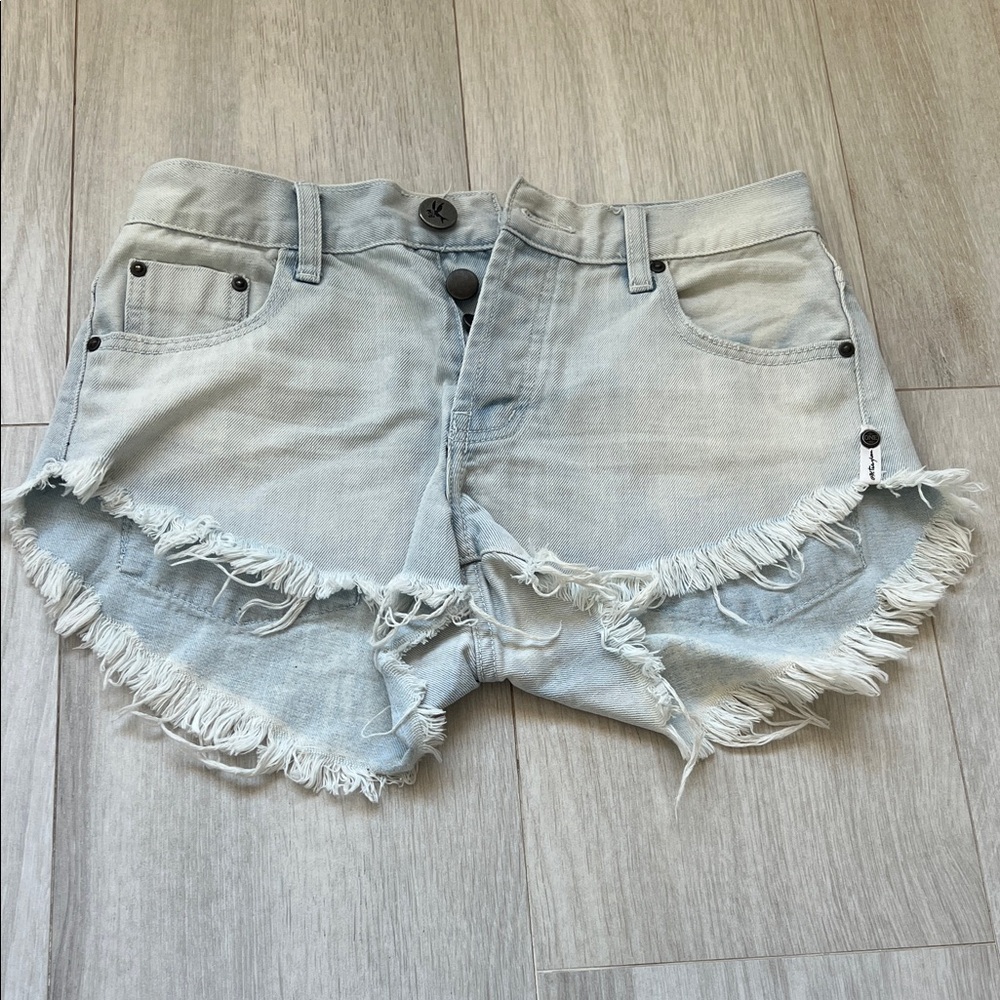 One Teaspoon Faded Blue Frayed Jean Shorts